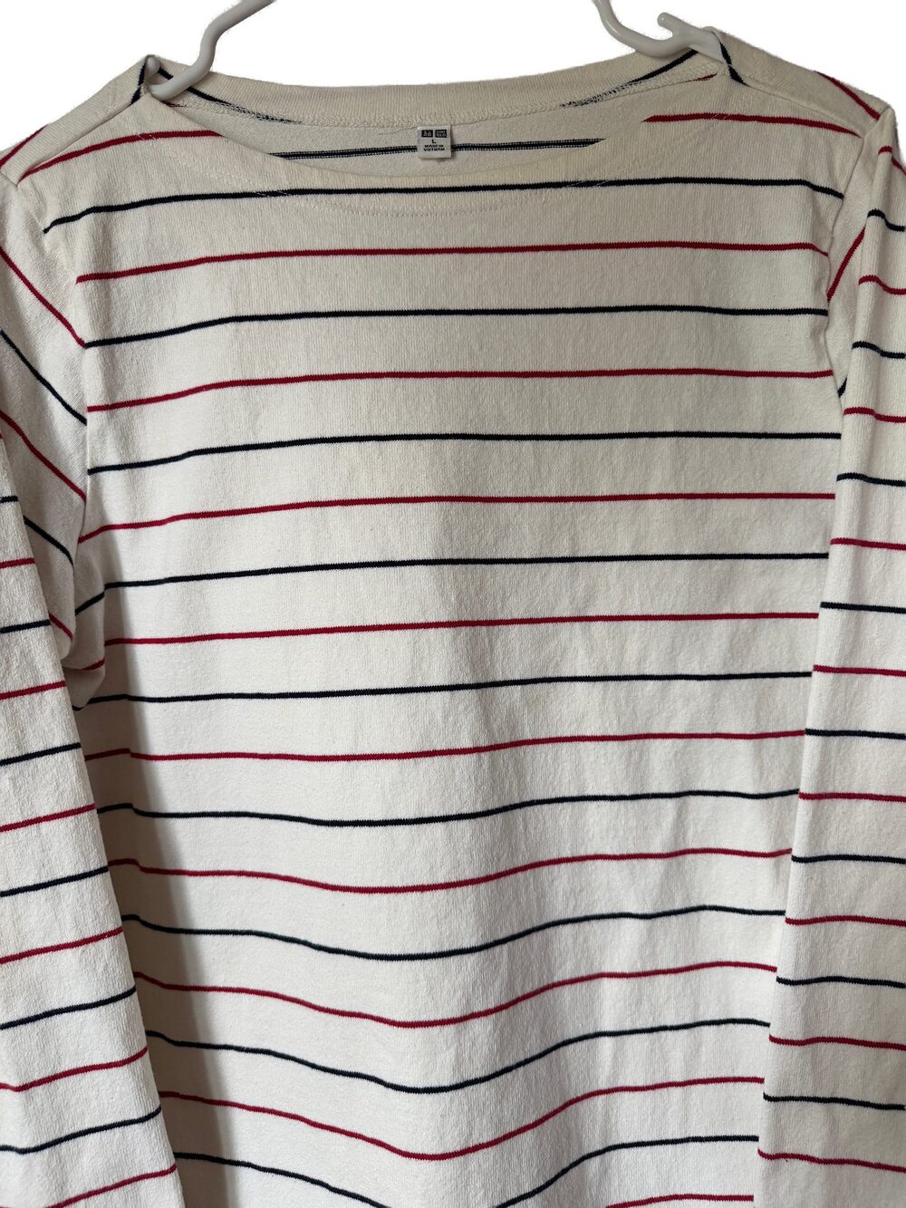 Uniqlo Women's White, Red & Navy Striped Shirt - Size Large